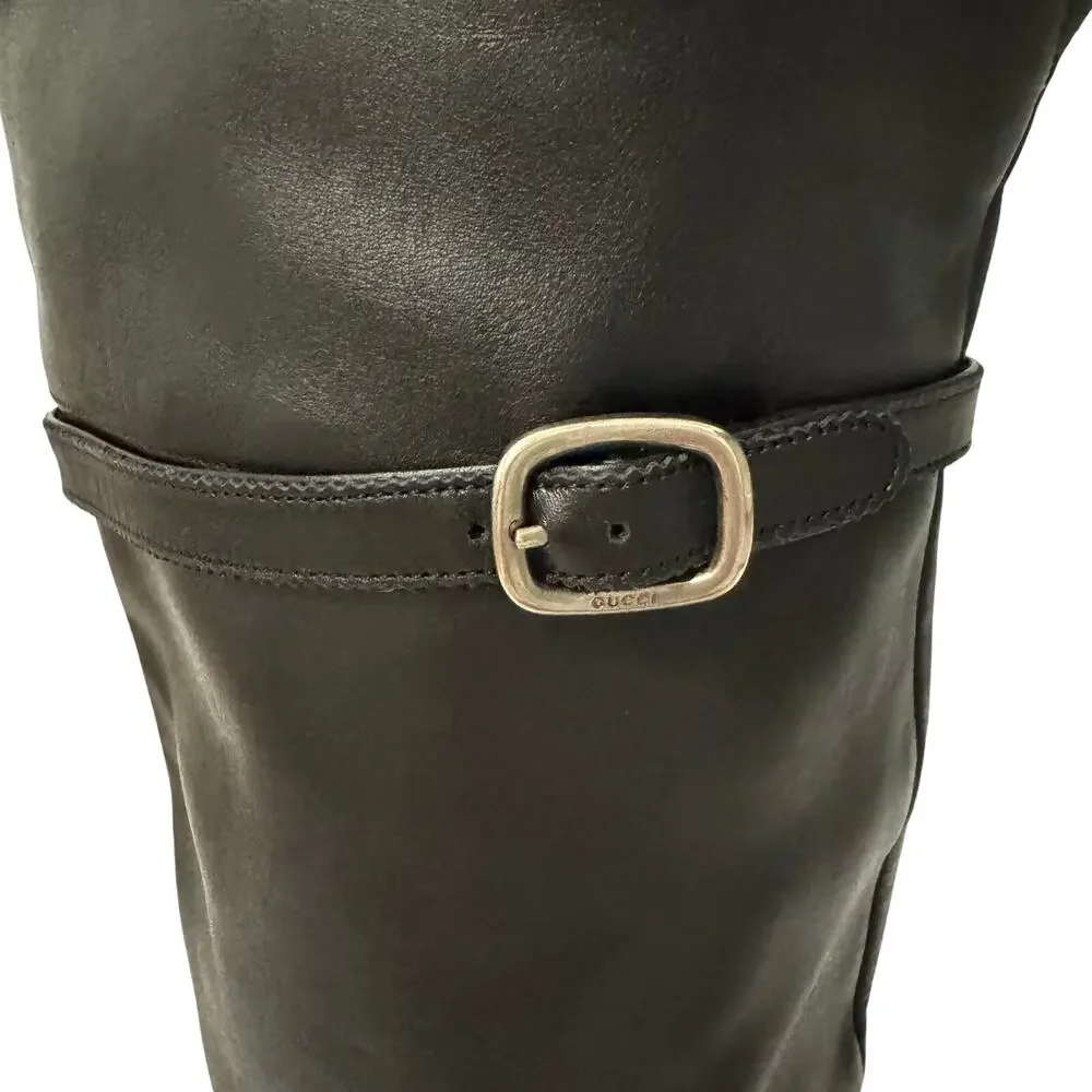 Gucci Dionysus Thigh High Boots 38 Black Leather Bee Brogue Alessandro Michele